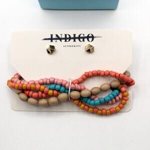 Indigo Authority Beaded Bracelet‎ & Gold Tone Stud Earrings Set NIB